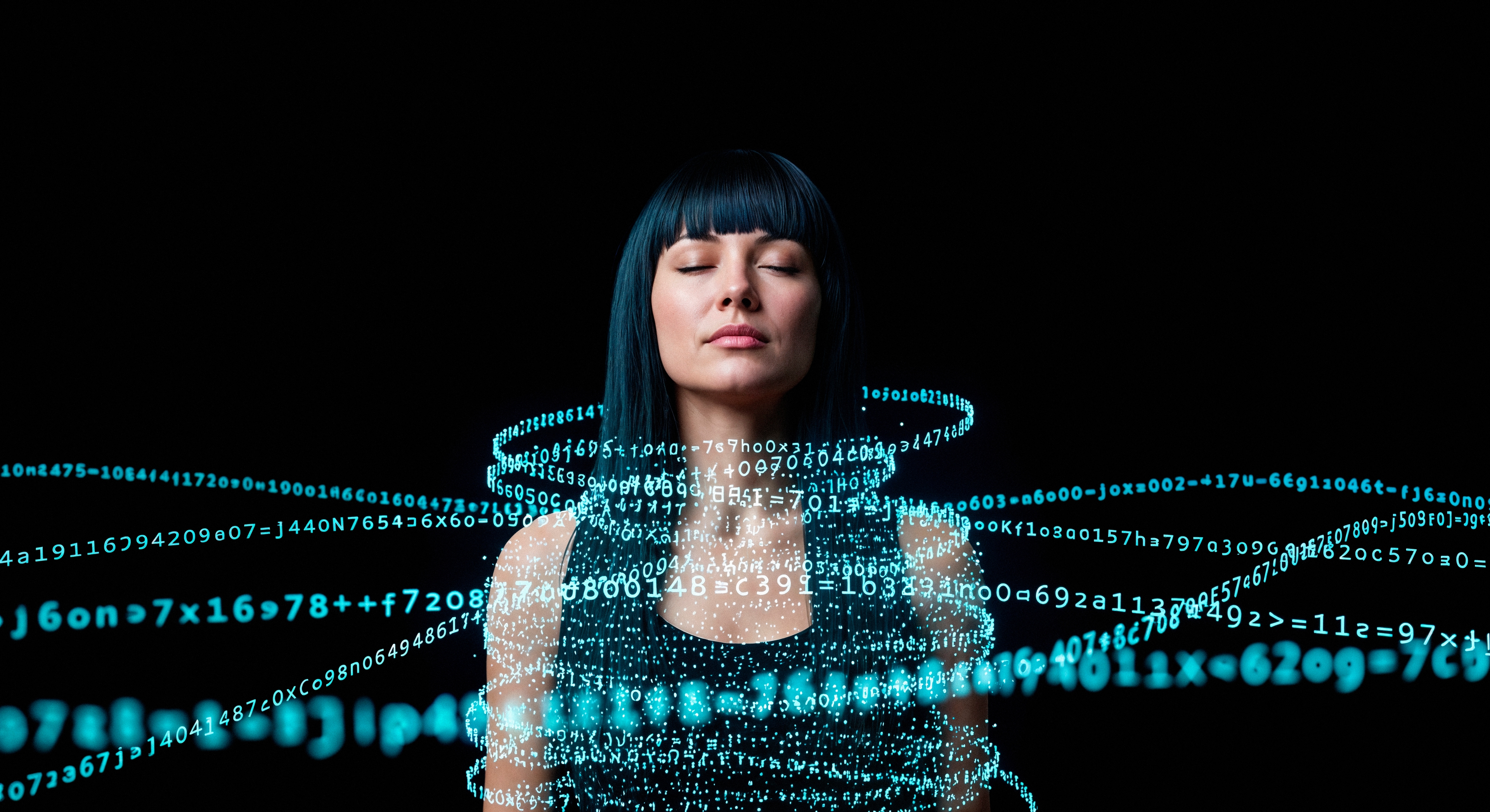 Woman Meditation With Data Stream