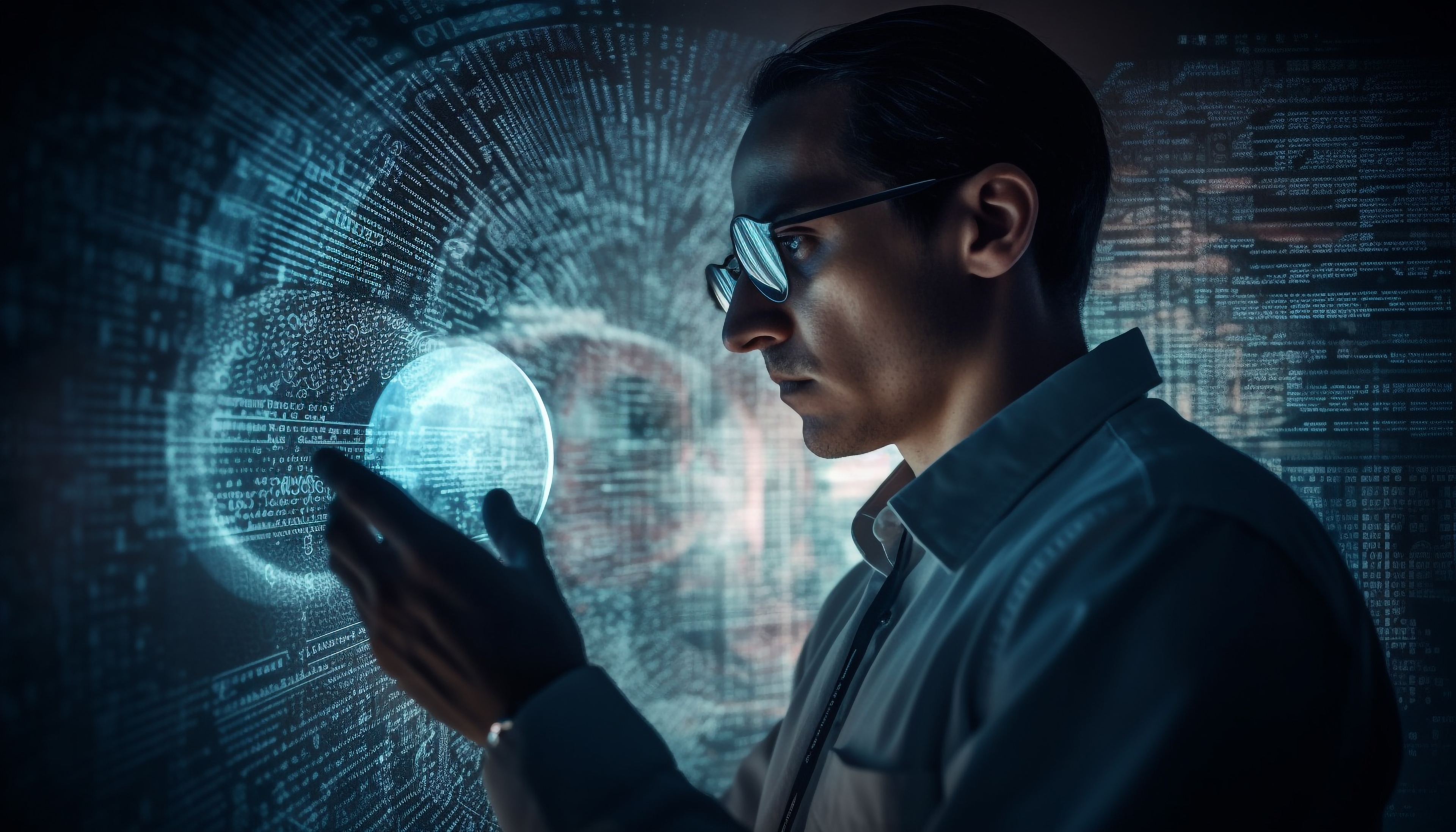 Man Glasses Holds Sphere Front Screen That Says Future Technology
