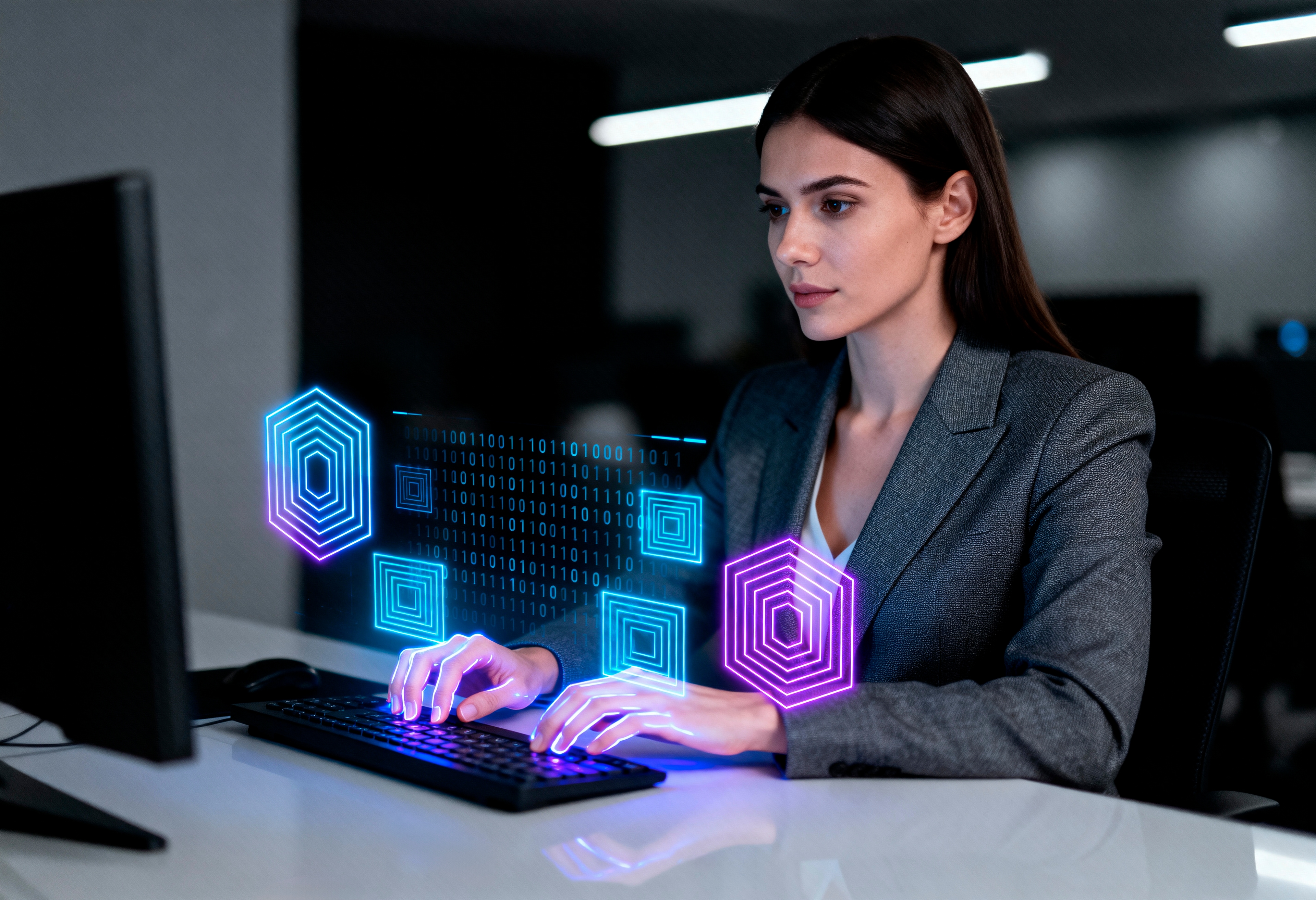 Professional Woman With Futuristic Digital Data Interface