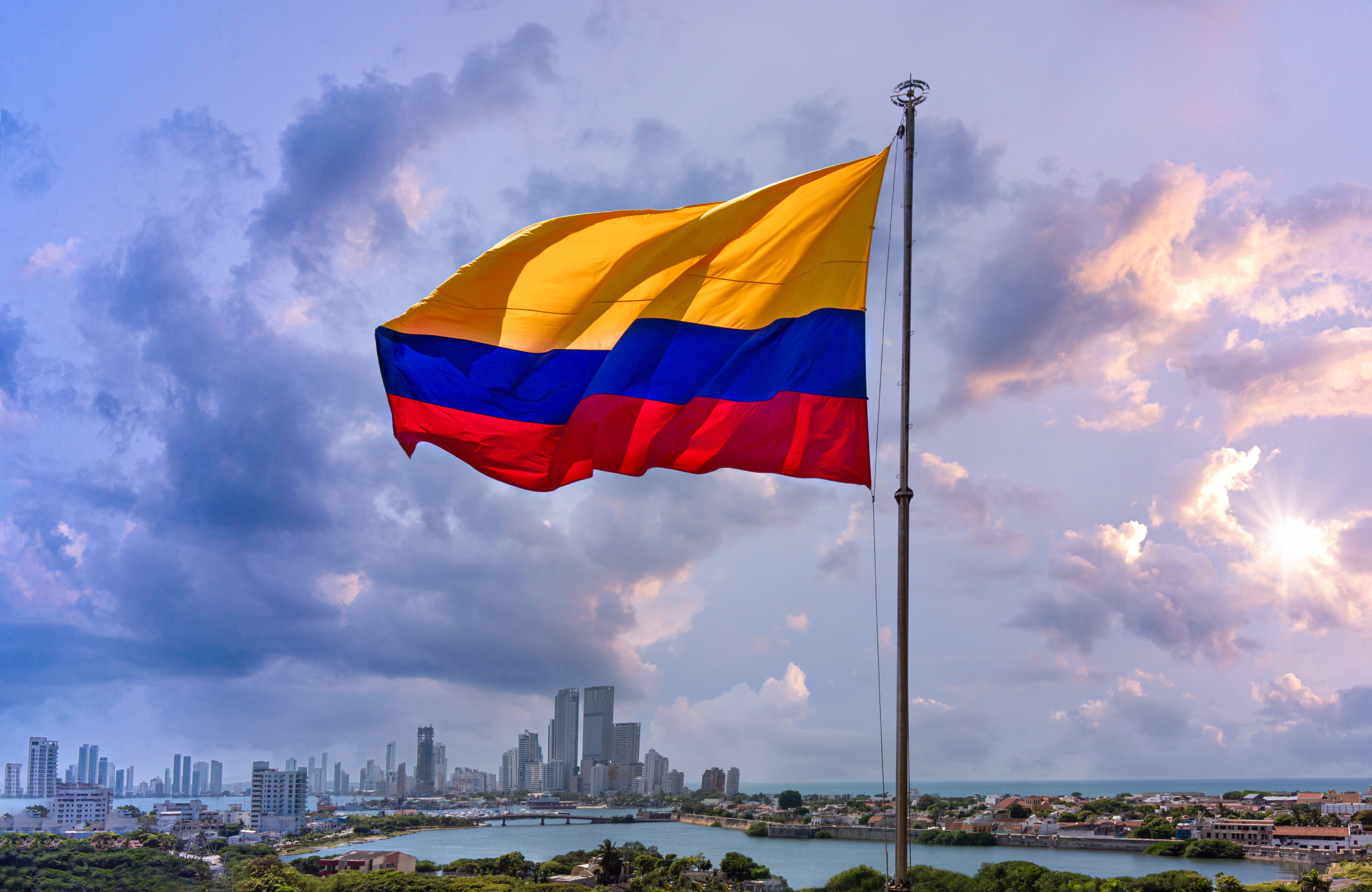 Colombia Flag Wavering Front Cartagena Modern Skyline Near Historic City Center Hotel Zone