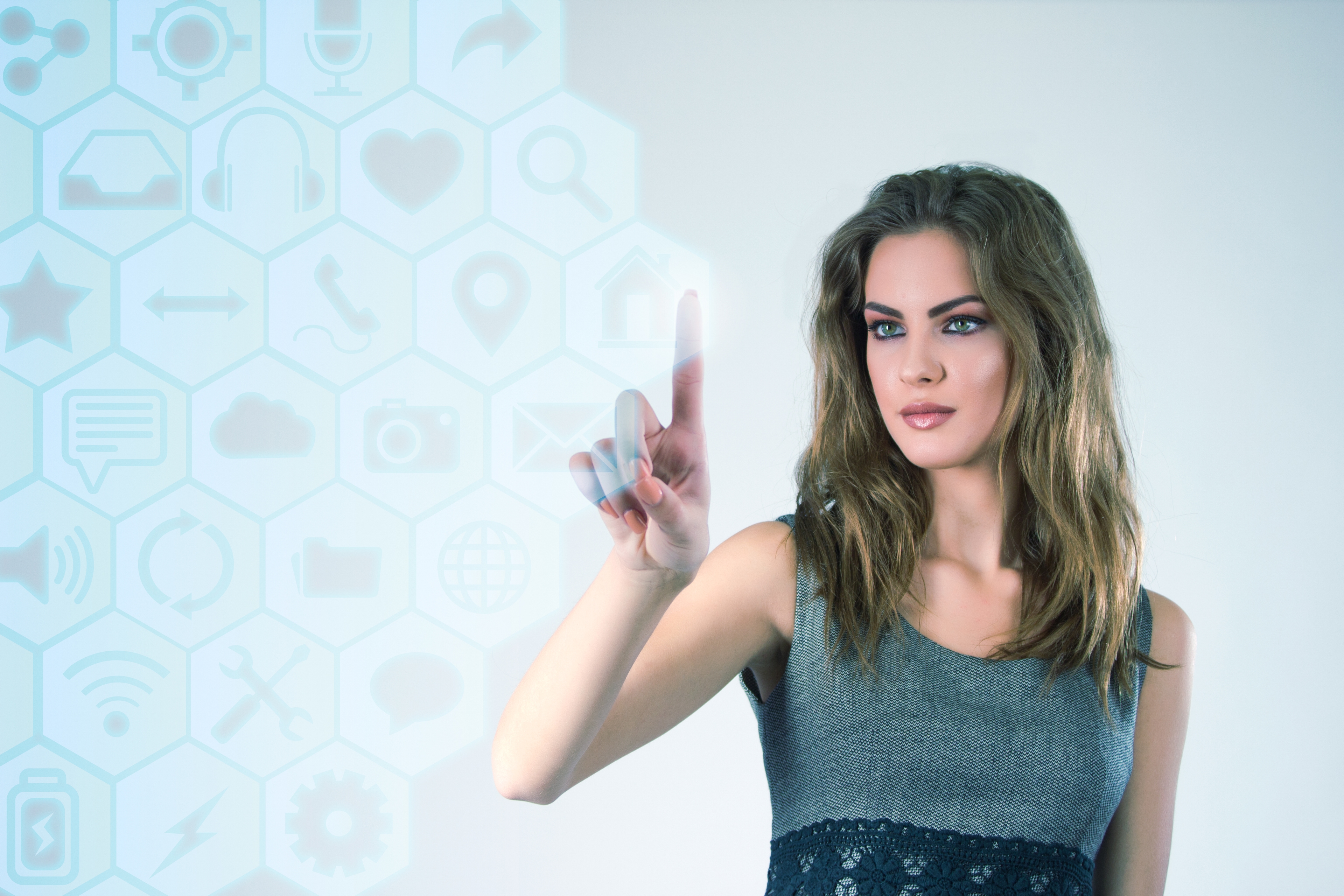 Businesswoman Working With Modern Virtual Technologies Hands Touching Screen