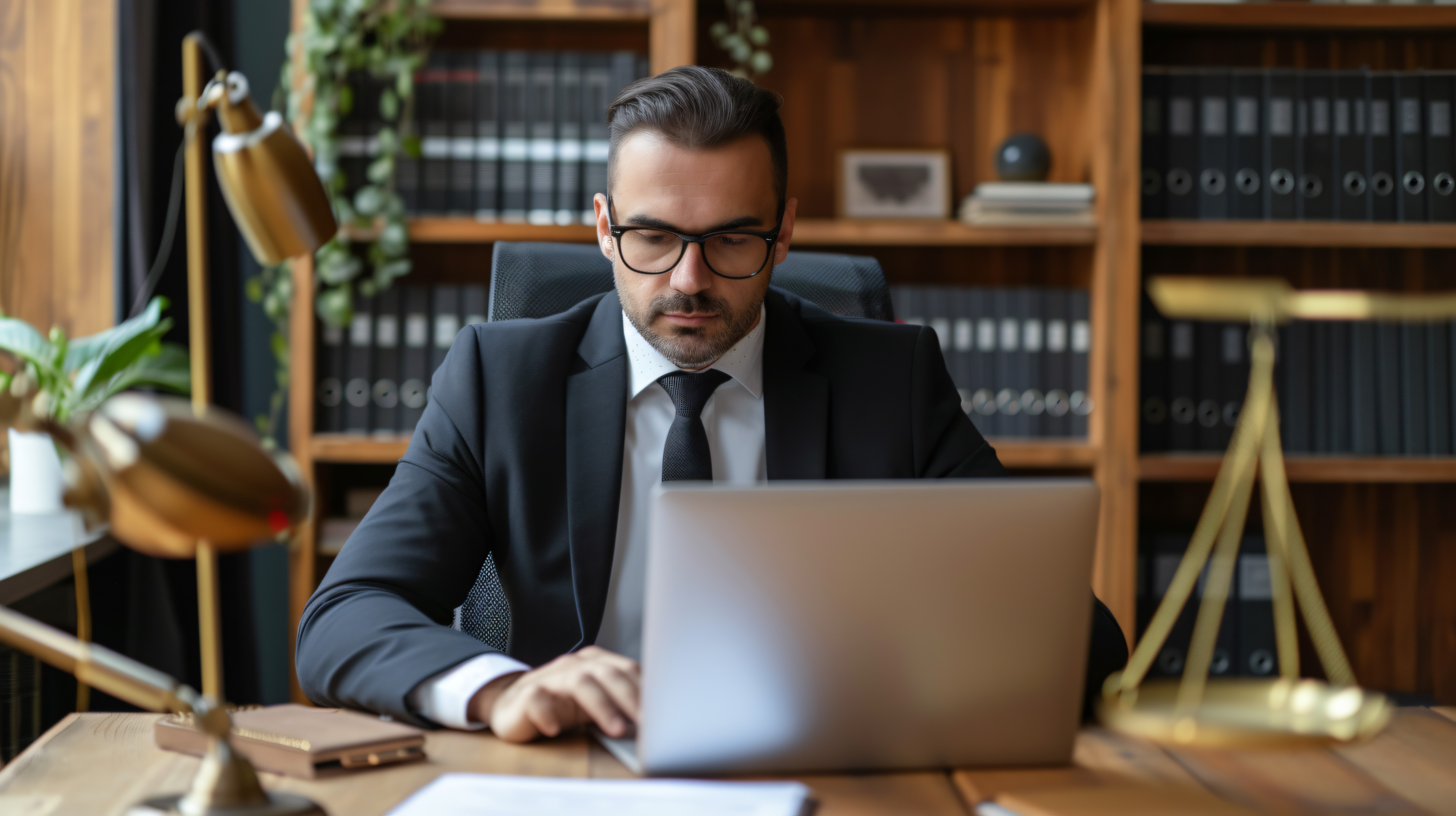 Confident Male Lawyer Suit Glasses Working Laptop His Office Law Justice Legal Advice Concept (1)