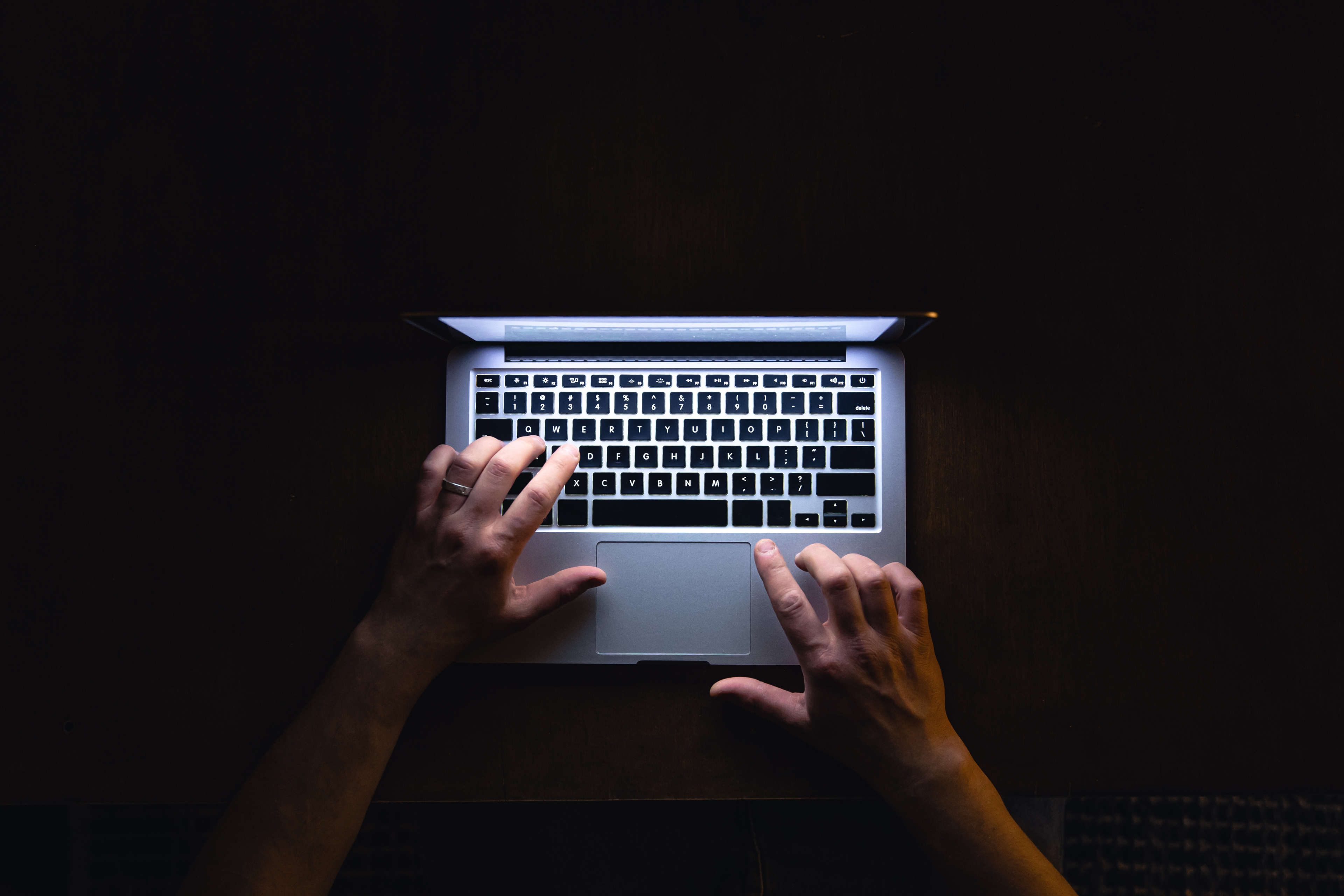 Top View Man Hand Using Laptop Late Night
