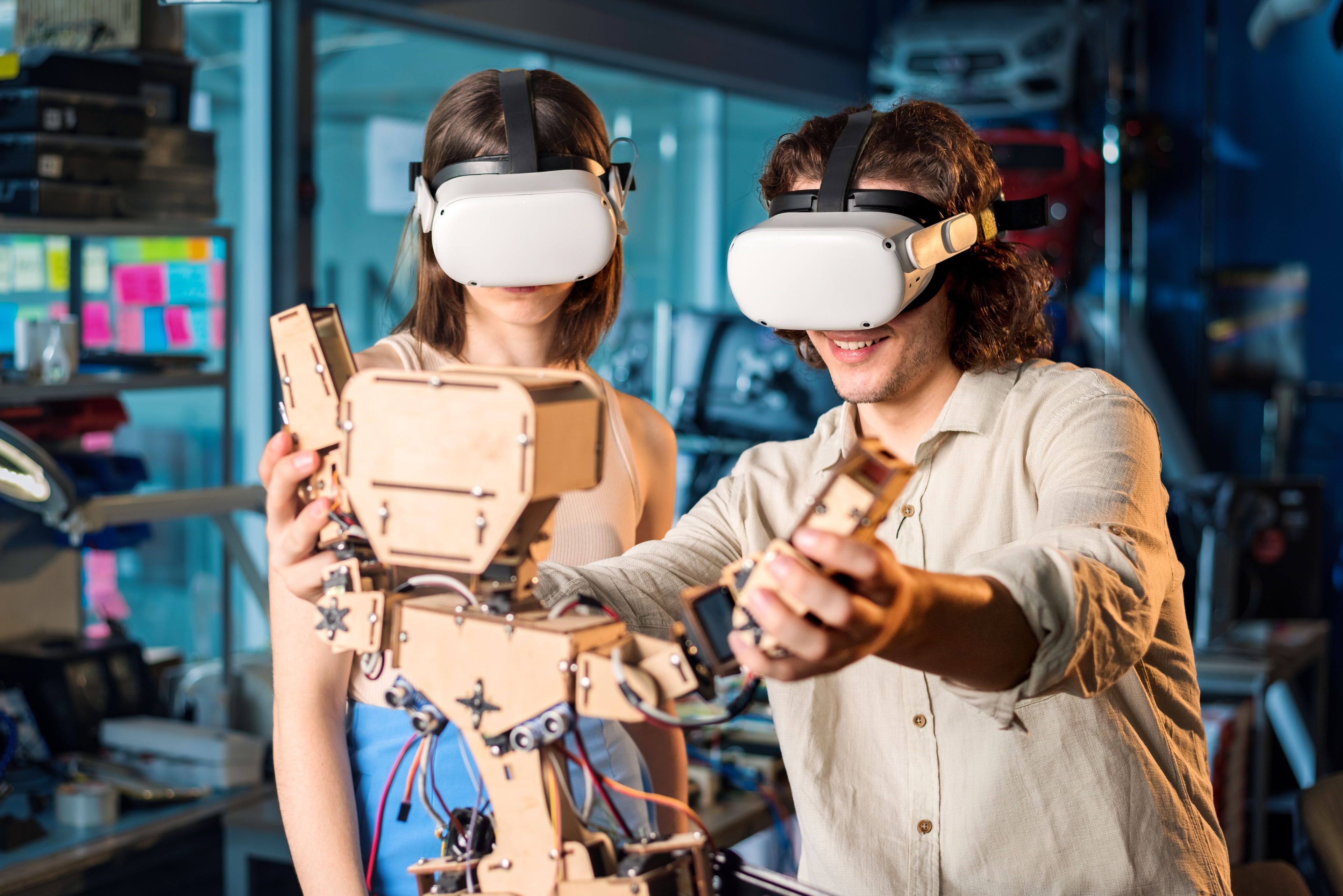 Young Man Woman Protective Glasses Doing Experiments Robotics Laboratory Robot