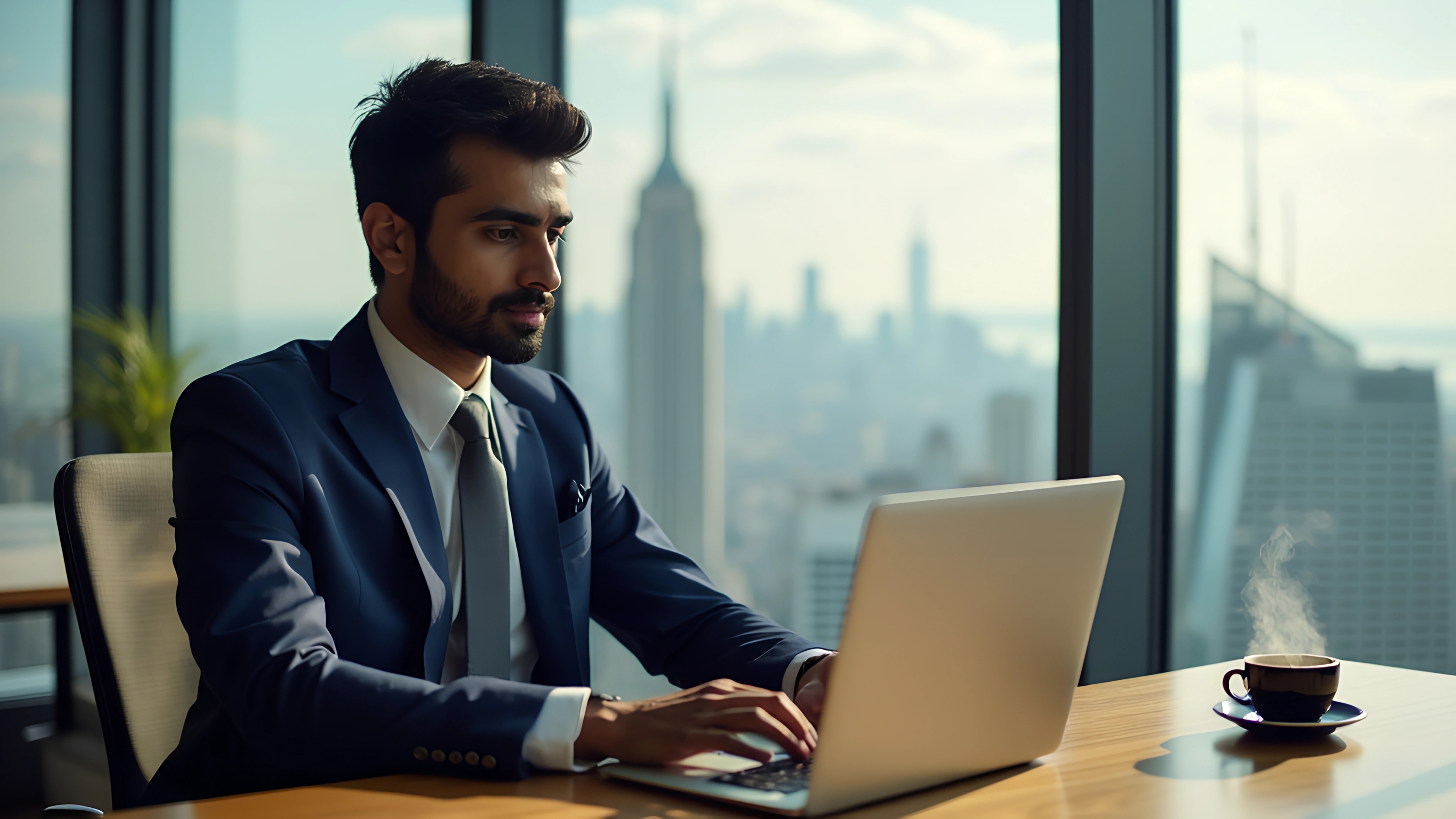 Man Suit Sits Table With Laptop Coffee